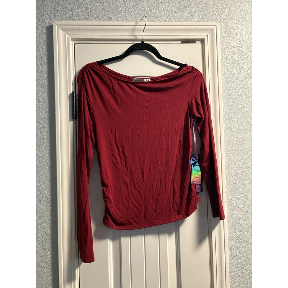Madden Girl Top Women Large Red Ruched Side Long Sleeve Boat Neck NWT
